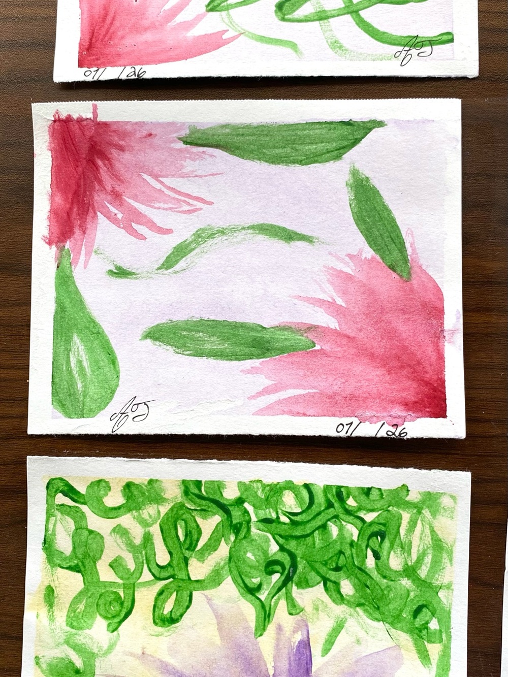 NEW Hand painted Pink & green floral watercolor cards 4 1/4 in by 5 1/2 in